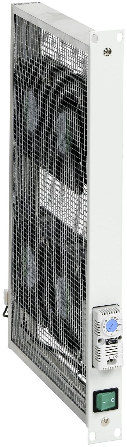 Industrielle Lüfter-/Filtereinheit zur Schaltschrankbelüftung mit frontalem Gitter, Temperaturregelknopf und Ein-/Ausschalter, montiert auf einer metallischen Gehäuseseitenwand