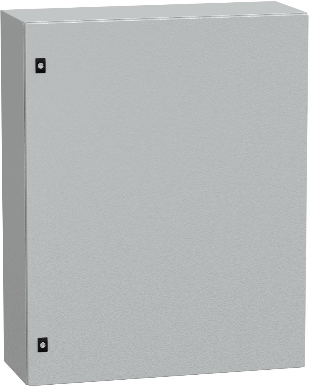 Grauer Metall-Elektroverteilerschrank mit zwei schwarzen Verriegelungspunkten auf der linken Seite, geschlossen vor einem einfachen Hintergrund dargestellt.