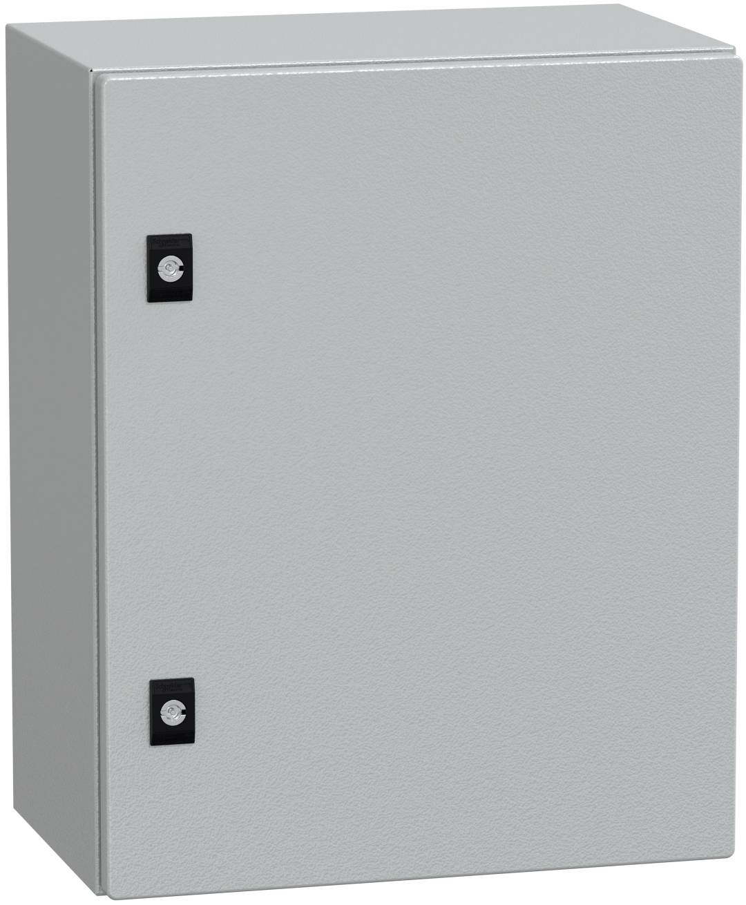 Grauer Metallschaltschrank mit einer schlichten Vordertür und zwei sichtbaren schwarzen Scharnierhalterungen auf der linken Seite