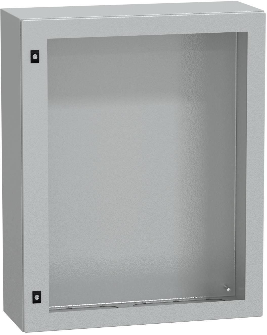 Grauer Metallwandschrank mit einem zurückgesetzten Frontpaneel und zwei sichtbaren schwarzen Befestigungselementen auf der linken Seite.