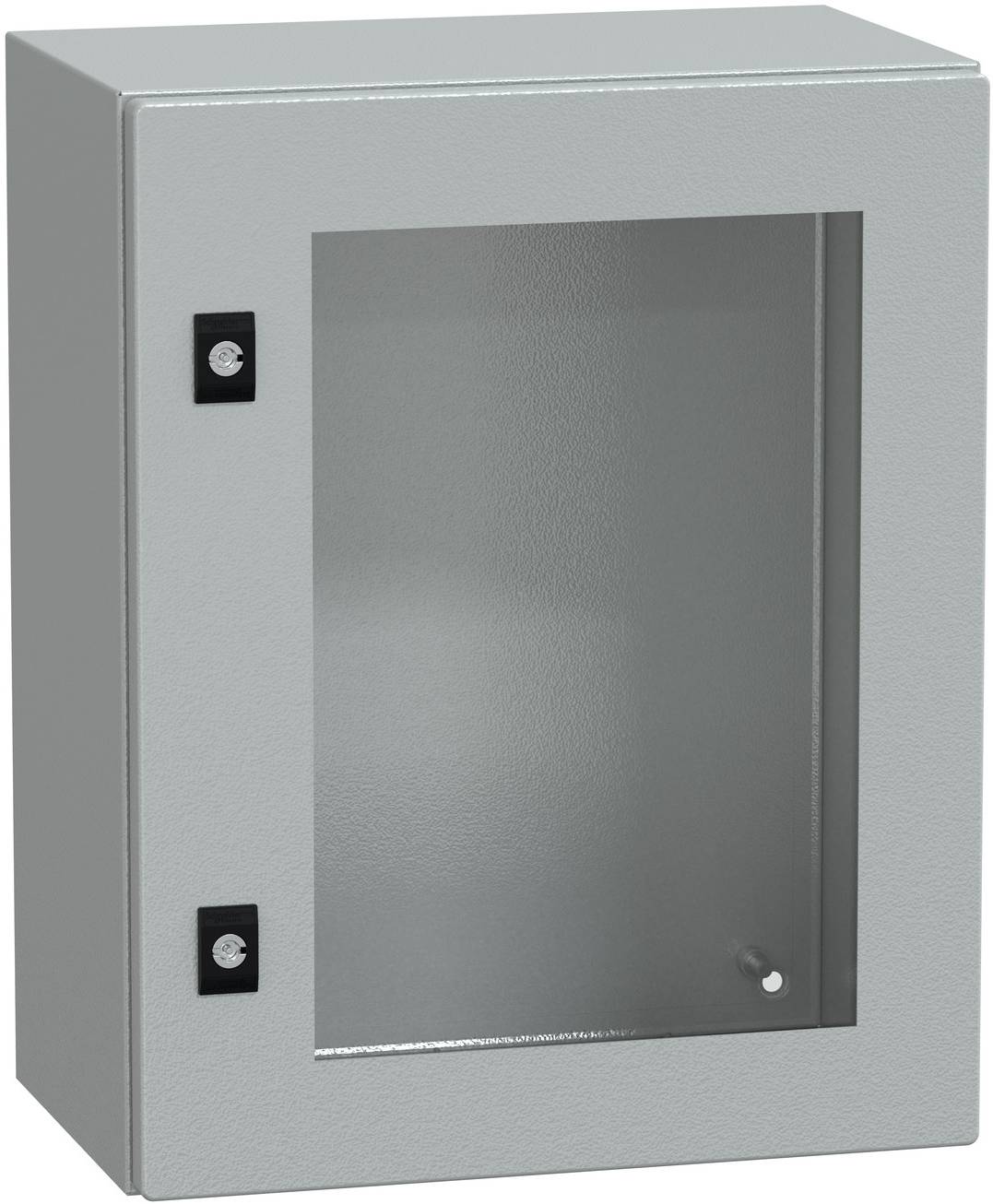 Graues Metallwandschrank mit Glastür und zwei schwarzen Scharnieren, wahrscheinlich für elektrische oder Lagerzwecke.
