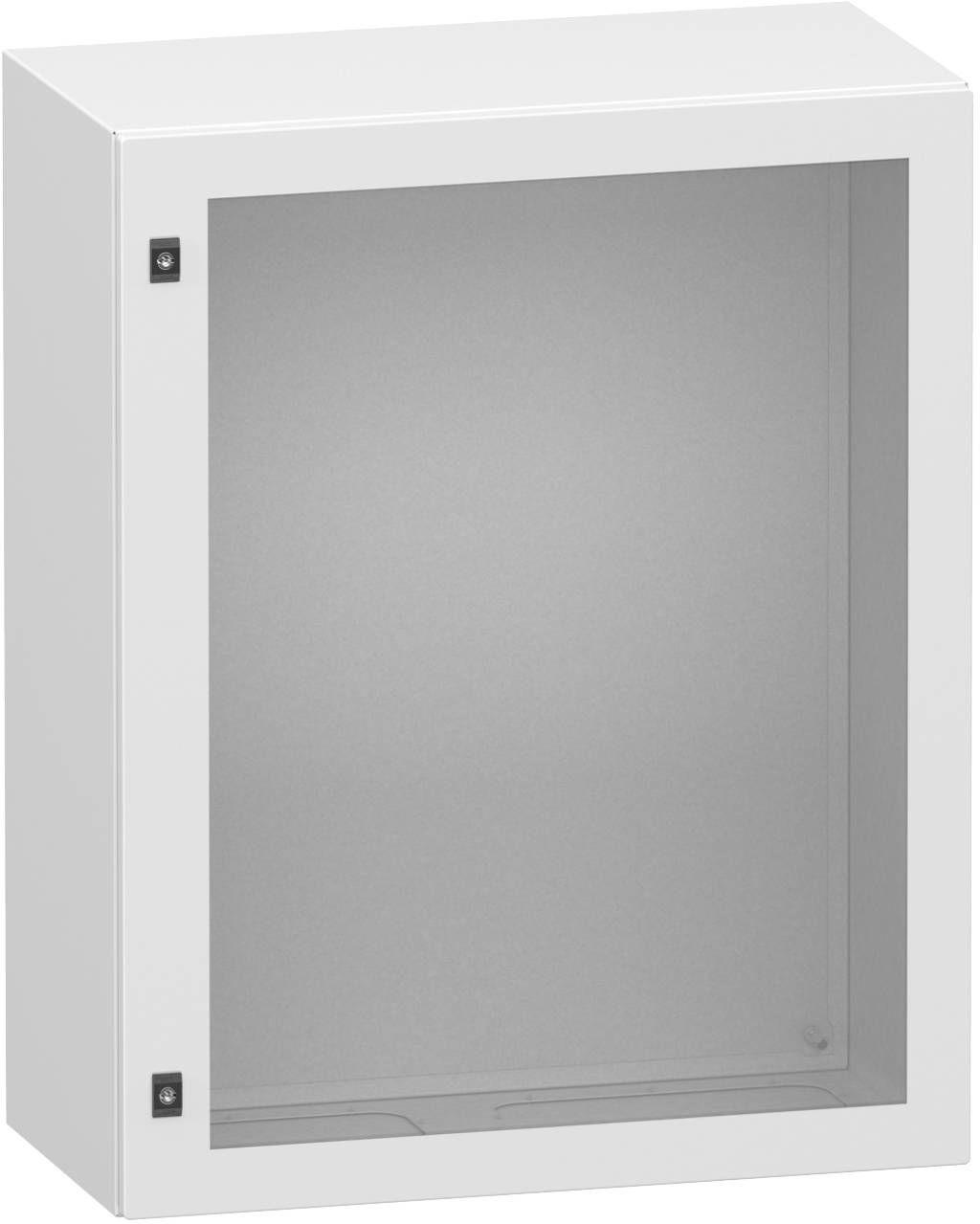 Weiß wandmontiertes Lagerschrank mit geschlossener Milchglastür und Metallrahmen.