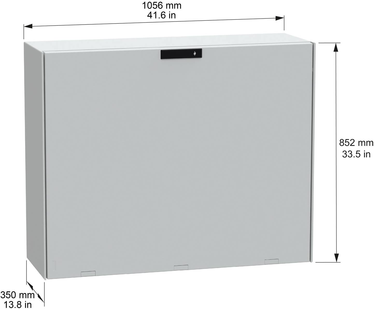 Grauer an der Wand montierter Schrank mit Fronttür, gezeigt mit den Abmessungen 1056 mm breit, 852 mm hoch und 350 mm tief.