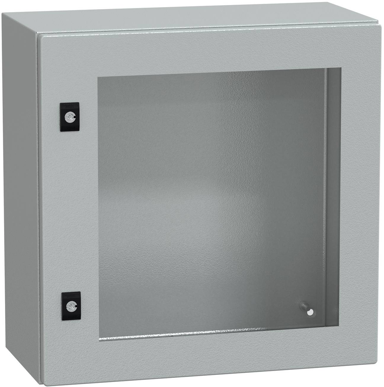 Grauer Metallwandschrank mit einer matten Glastür vorne und zwei schwarzen Scharnieren oder Verschlüssen auf der linken Seite.