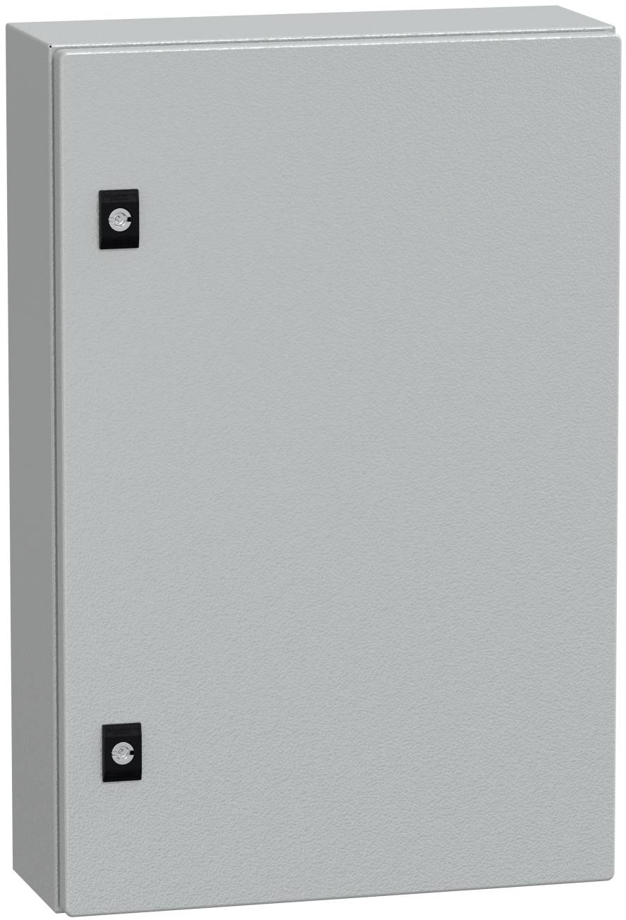 Grauer Metallschrank für Elektroinstallationen mit einer schlichten Frontür und zwei schwarzen Verschlussscharnielen auf der linken Seite.