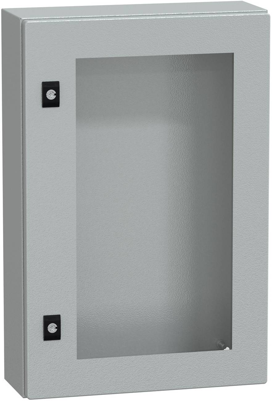 Grauer Metallwandschrank mit Glastür und zwei schwarzen Scharnieren oder Verschlussplatten auf der linken Seite.