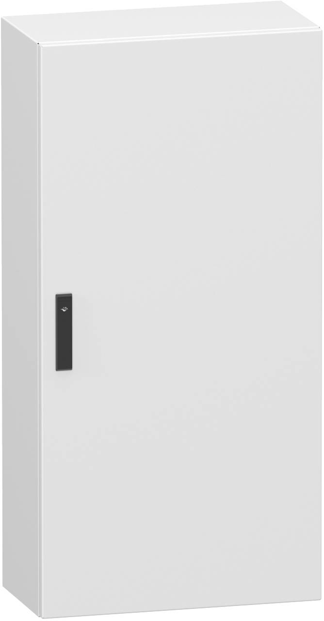 Weißer wandmontierter Metallschrank mit schwarzem vertikalem Griff, geschlossen und frontal dargestellt.
