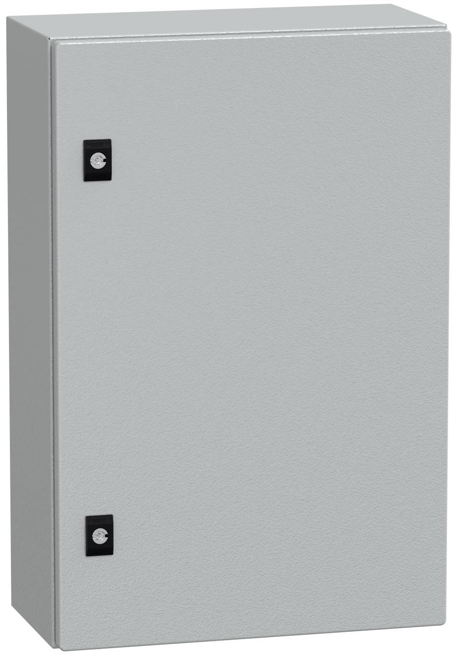 Geschlossener grauer Metallschrank oder elektrisches Schaltschrank mit zwei schwarzen Verschlüssen auf der linken Seite.