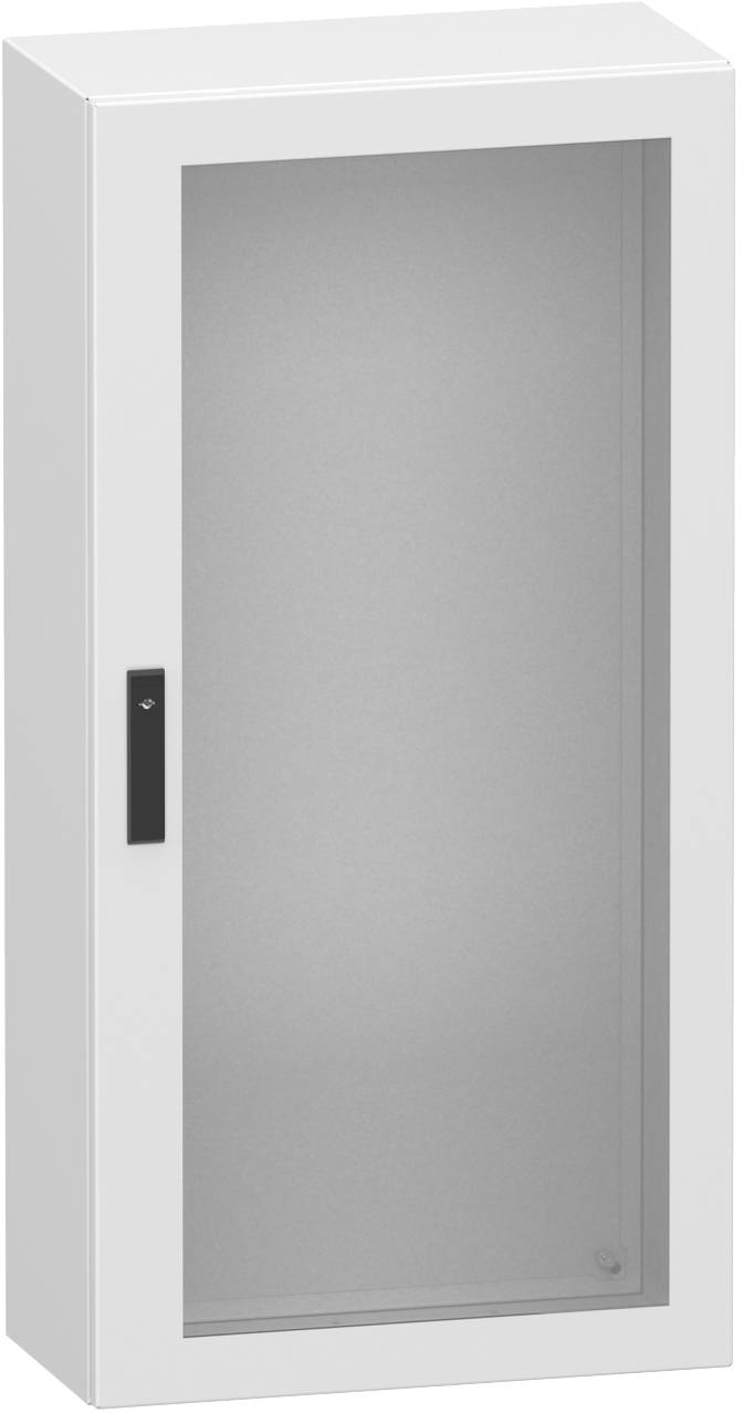 Weiß lackierter, wandmontierter Schrank mit mattem Glastürfront und schwarzem Griff, geschlossen und leer wirkend gezeigt.