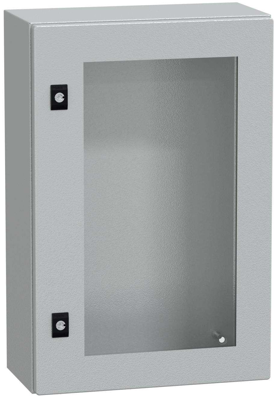 Grauer Metallwandschrank mit einer mattglasigen Vordertür und zwei schwarzen Verschlüssen, geschlossen dargestellt.