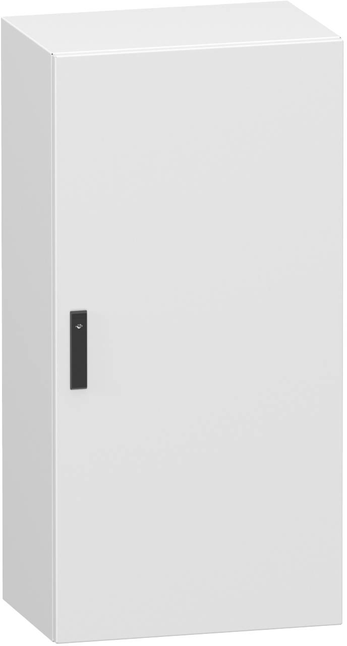 Weißer, wandmontierter elektrischer Schaltschrank mit einem kleinen schwarzen Griff an der Frontür, dargestellt in einer einfachen Produktansicht.