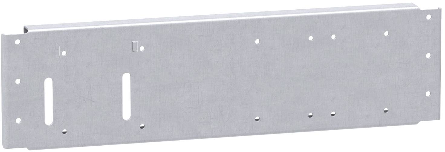 Ein langes Silbermetall-Montageelement oder eine Platte mit mehreren Schraubenlöchern und zwei vertikalen Schlitzen, dargestellt vor weißem Hintergrund.