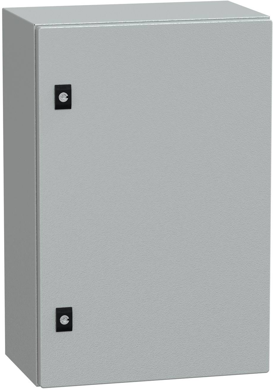 Grauer Metall-Elektroschrankzugang oder Gehäusebox mit zwei kleinen schwarzen Verschlüssen an der Vorderseite.