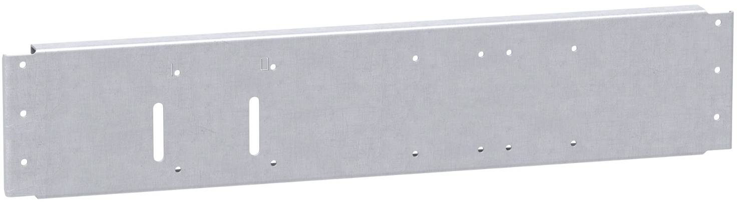 Lange silberne Metallmontierungsplatte mit mehreren Schraubenlöchern und zwei vertikalen Schlitzen, auf weißem Hintergrund dargestellt.