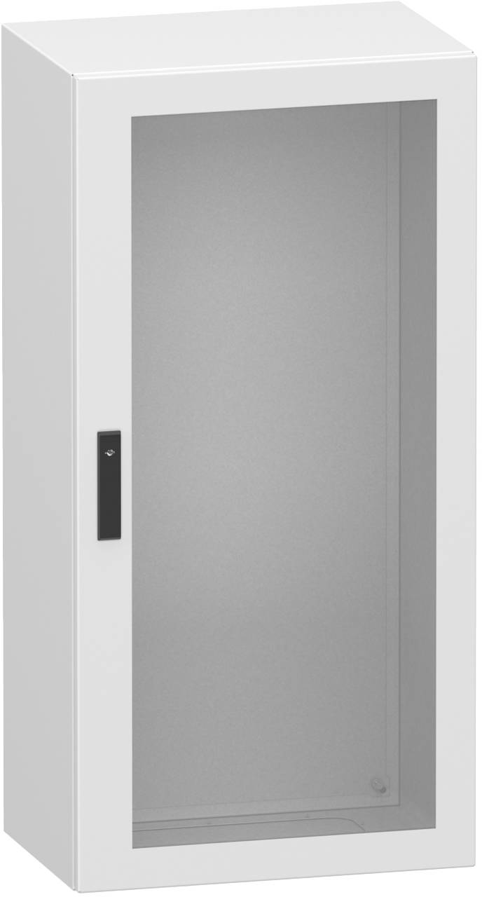 Weiß hängendes Wandschrank mit Glastür und dunklem vertikalen Griff, wahrscheinlich ein Aufbewahrung- oder Vitrinenschrank.