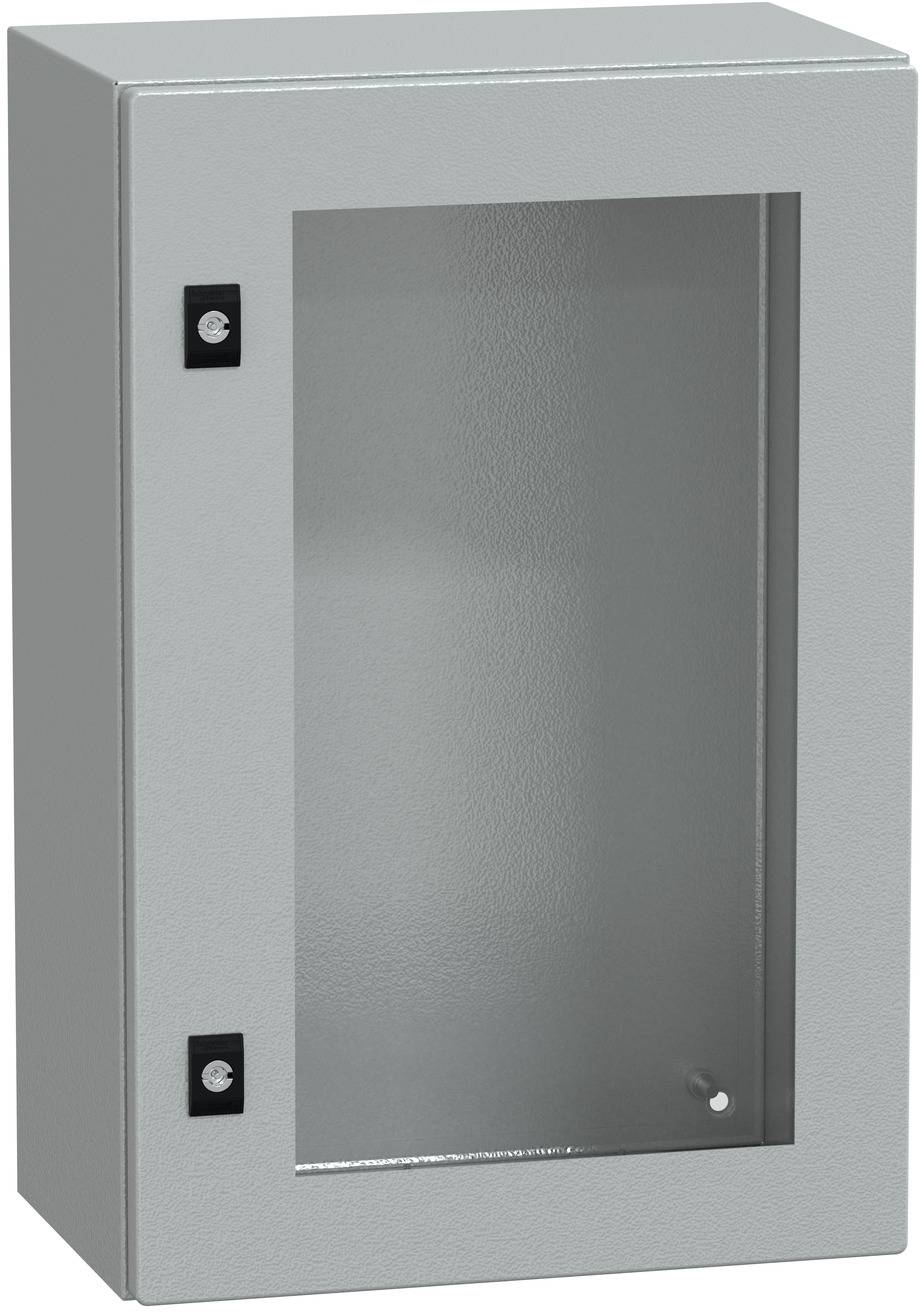 Grauer Metallwandschrank mit mattierter Glastür und zwei schwarzen Verschlussbändern, wahrscheinlich zur Lagerung oder zum Schutz von Ausrüstung.