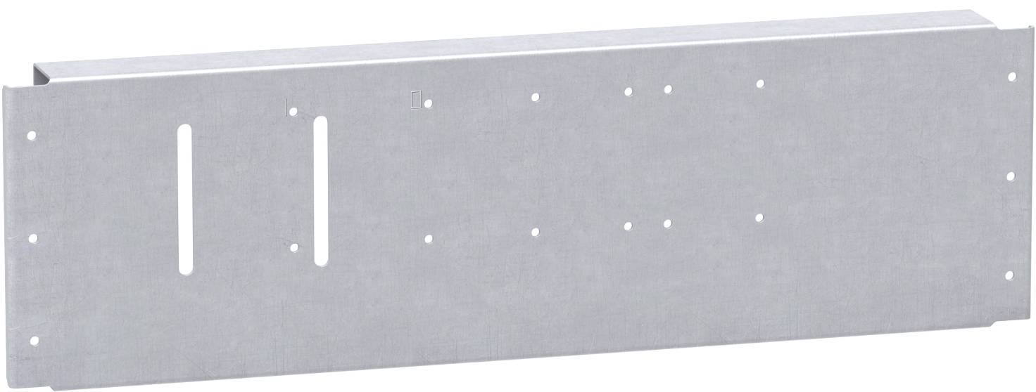 Rechteckiges Panel mit gebürstetem Metall mit Befestigungslöchern und zwei vertikalen Schlitzen, wahrscheinlich eine Hardware-Frontplatte oder ein Halterungswinkel.