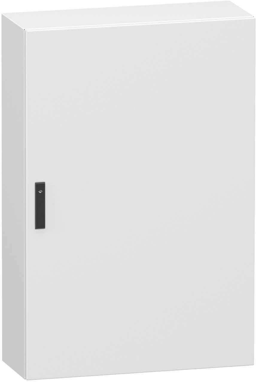 Weiß wandmontierter elektrischer Schaltschrank mit schwarzem vertikalem Griff, geschlossen in einer einfachen Produktansicht dargestellt.