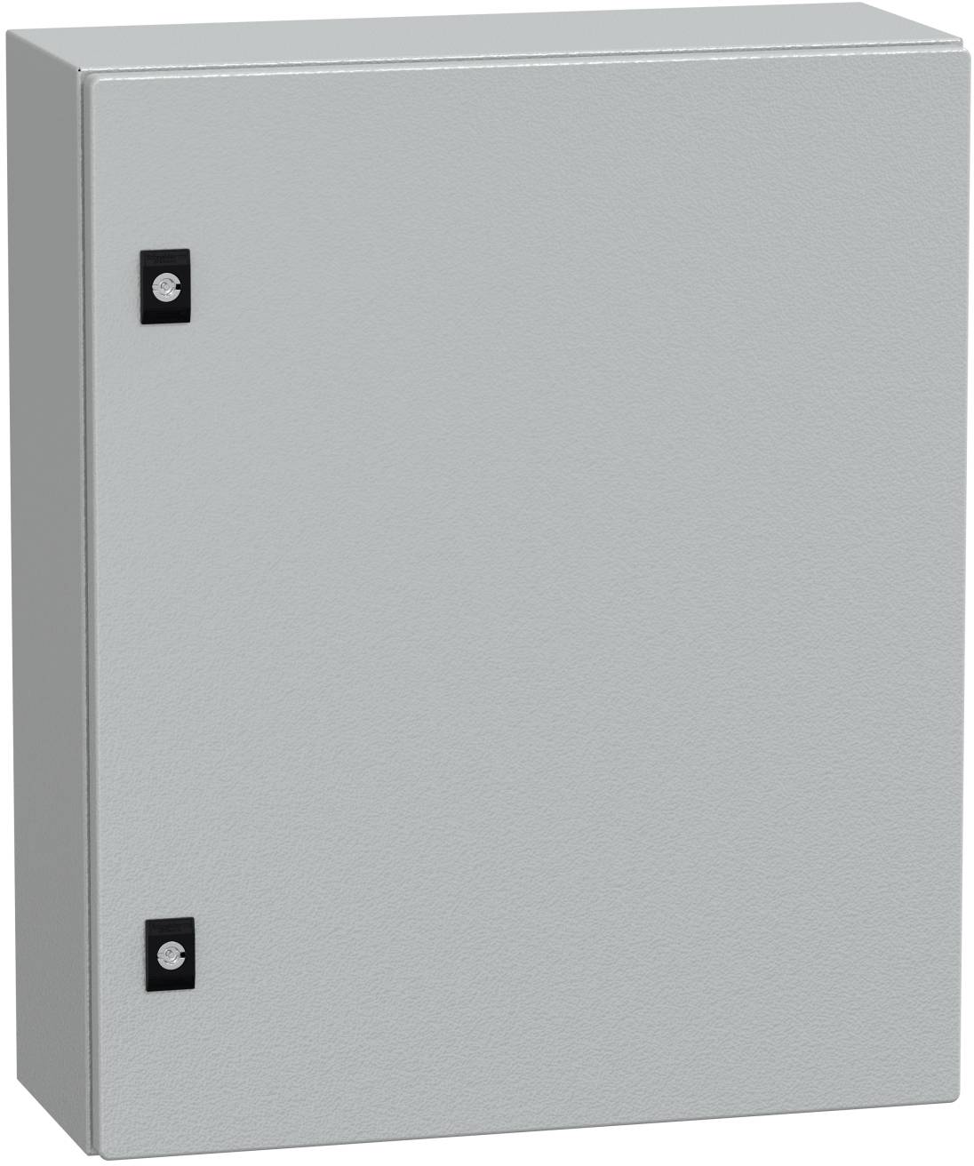 Geschlossenes graues Metall-Elektrikschrank mit zwei schwarzen Verschlüssen auf der linken Seite.