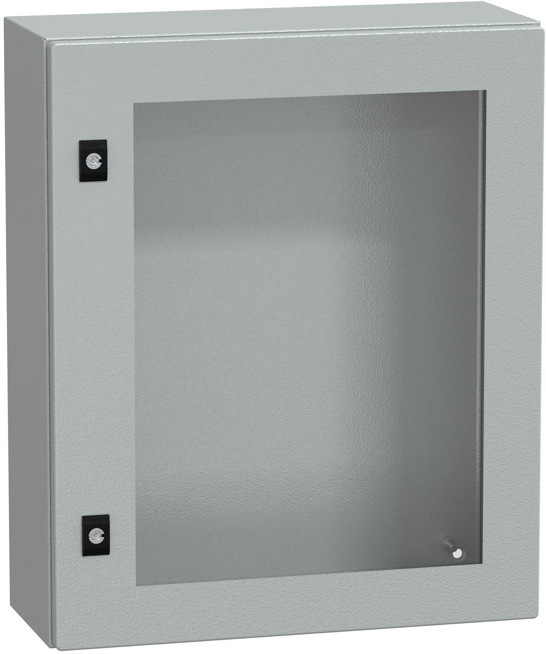 Grauer Metall-Elektroschrank mit einem vorderen Sichtfenster und zwei schwarzen Verriegelungspunkten auf der linken Seite.