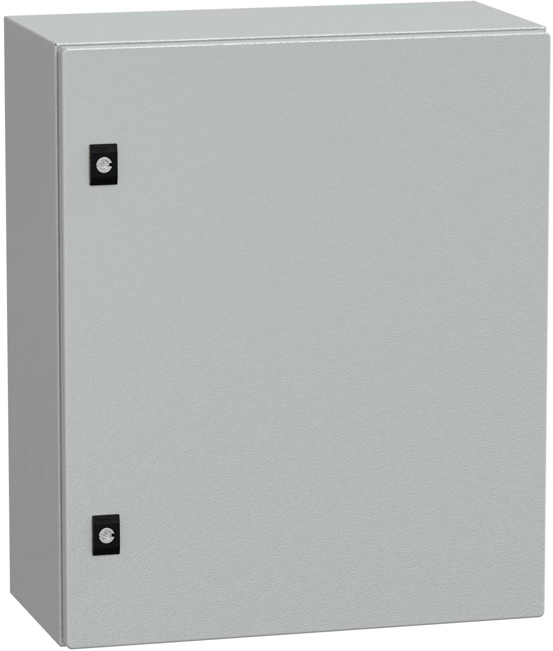 Einfacher grauer Metall-Elektroschrankm mit Vordertür und zwei schwarzen Verriegelungsgriffen.
