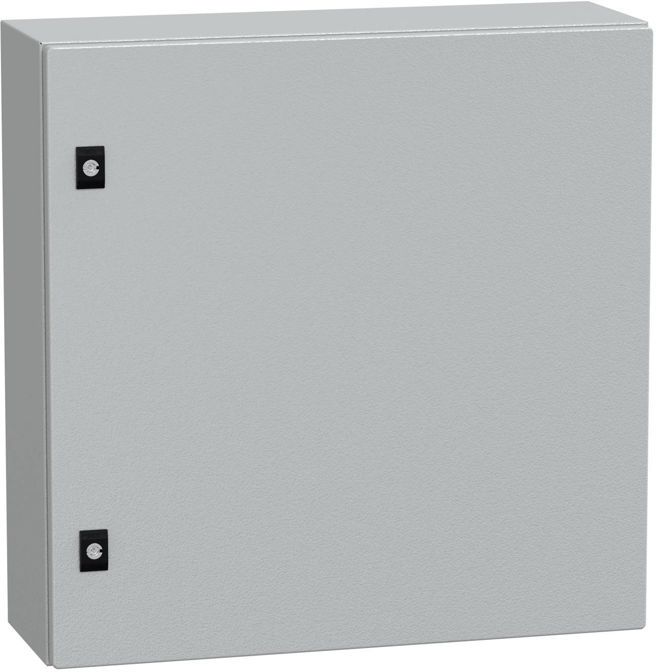 Grauer Metallschrank für Elektroinstallationen mit einer schlichten Frontür und zwei schwarzen Schnappverschlüssen auf der linken Seite.
