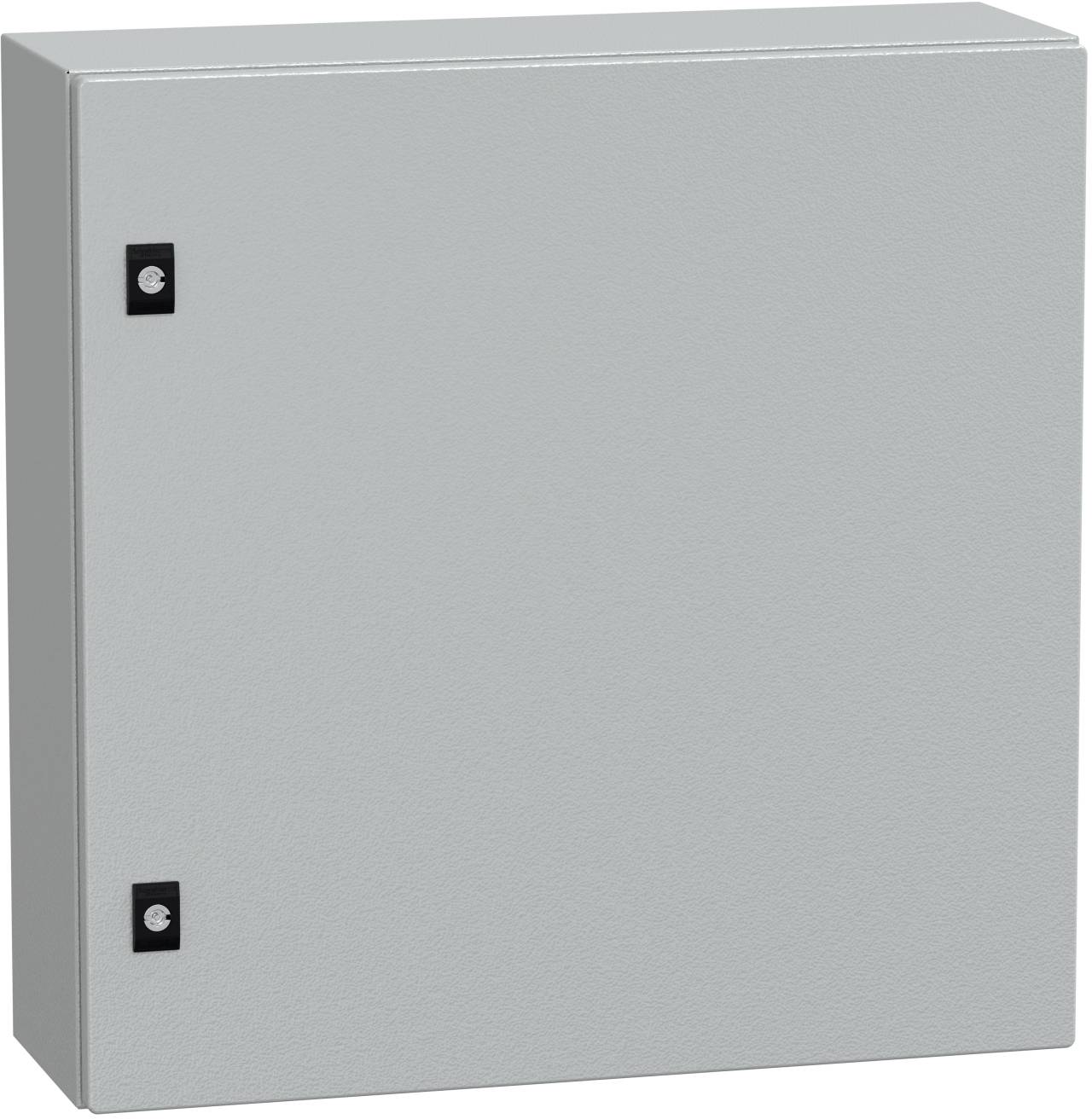 Graues Metall-Elektroschaltschrank mit einer schlichten Fronttür und zwei kleinen schwarzen Verschlüssen auf der linken Seite.