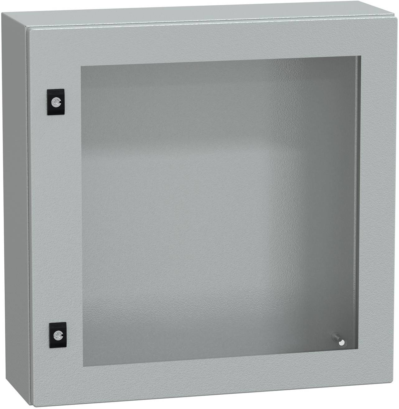Grauer Metallschrank für elektrische Installationen mit Glastür und zwei schwarzen Verschlüssen, geschlossen und leer dargestellt.