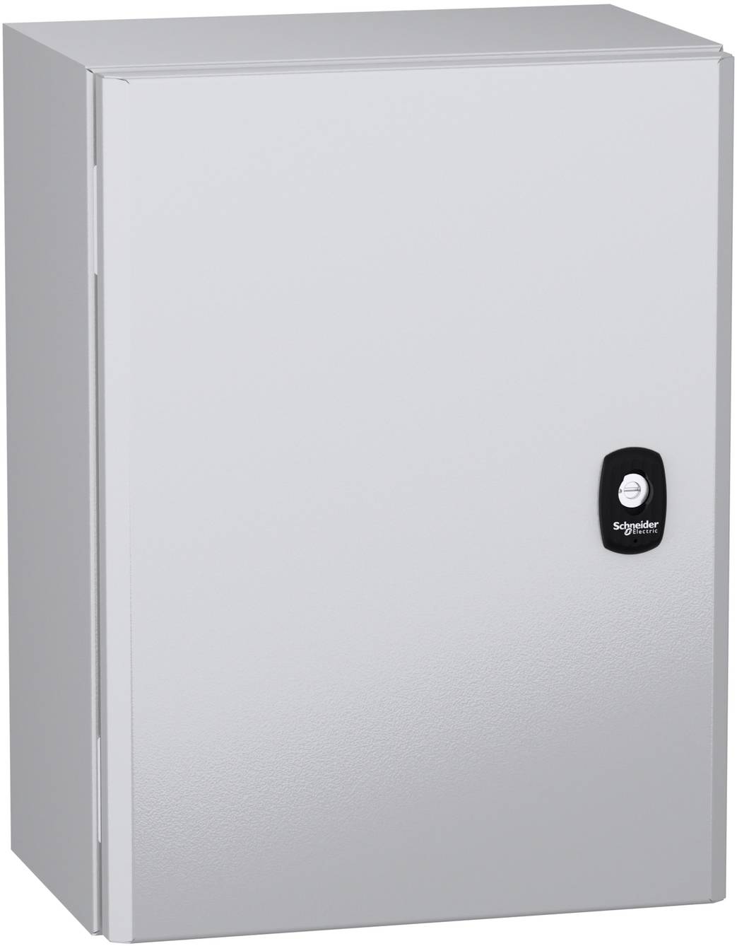 Grauer Metallschaltschrank mit einem kleinen Schneider Electric-Schloss an der Tür.