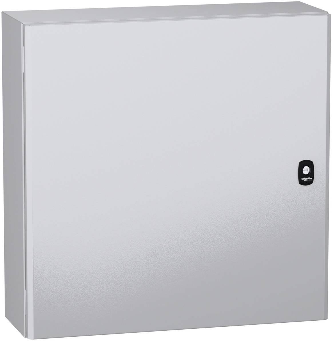 Wandmontierter Metall-Elektroschrank mit verschlossener Zugangstür und kleinem Verschlusshebel.