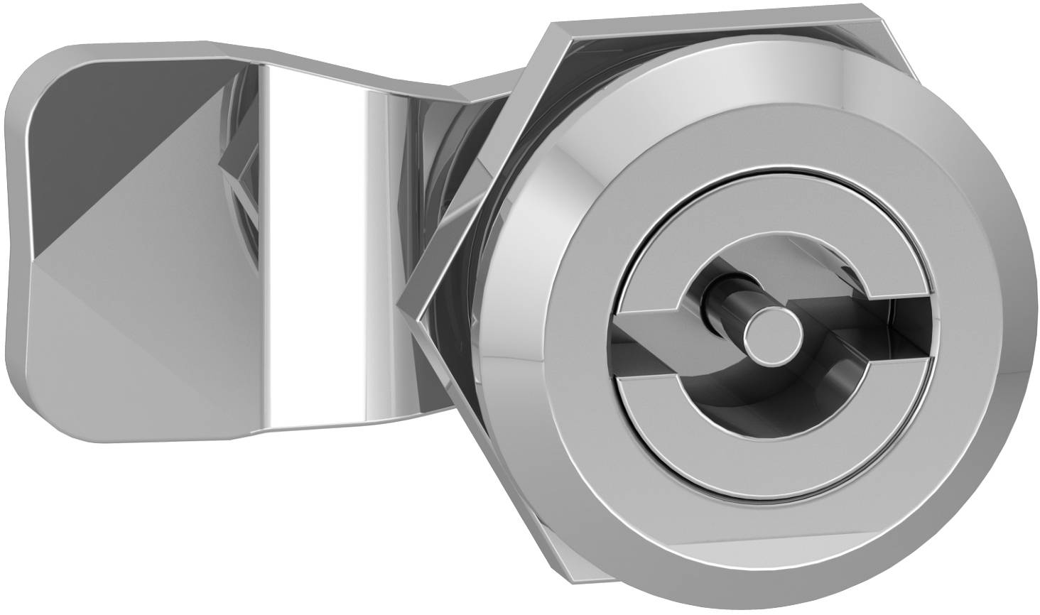 Chrome-Nockenverschluss mit Schlüsselloch und rechteckigem Riegel, in Nahaufnahme auf weißem Hintergrund dargestellt.