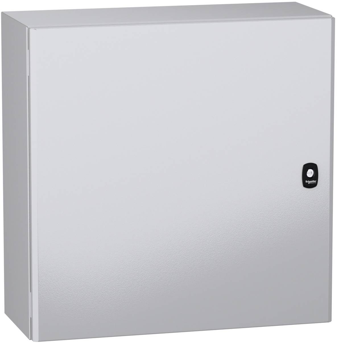Silbernes Metall-Wandverteilerschrank mit kleinem schwarzem Logobadge auf der Vorderseite
