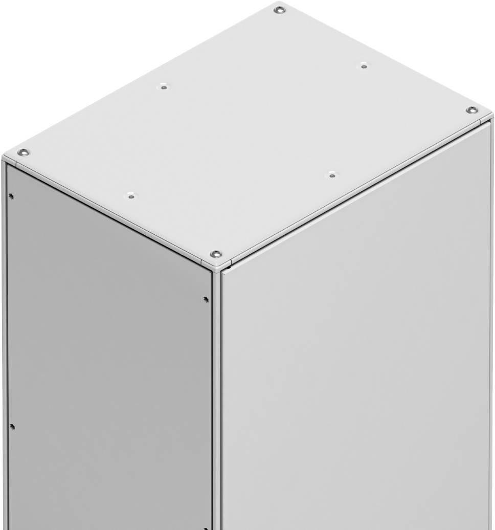 Graues Metallgehäuse für Elektroinstallation, in Perspektive dargestellt, mit flachen Seitenpaneelen und sichtbaren Eckschrauben.