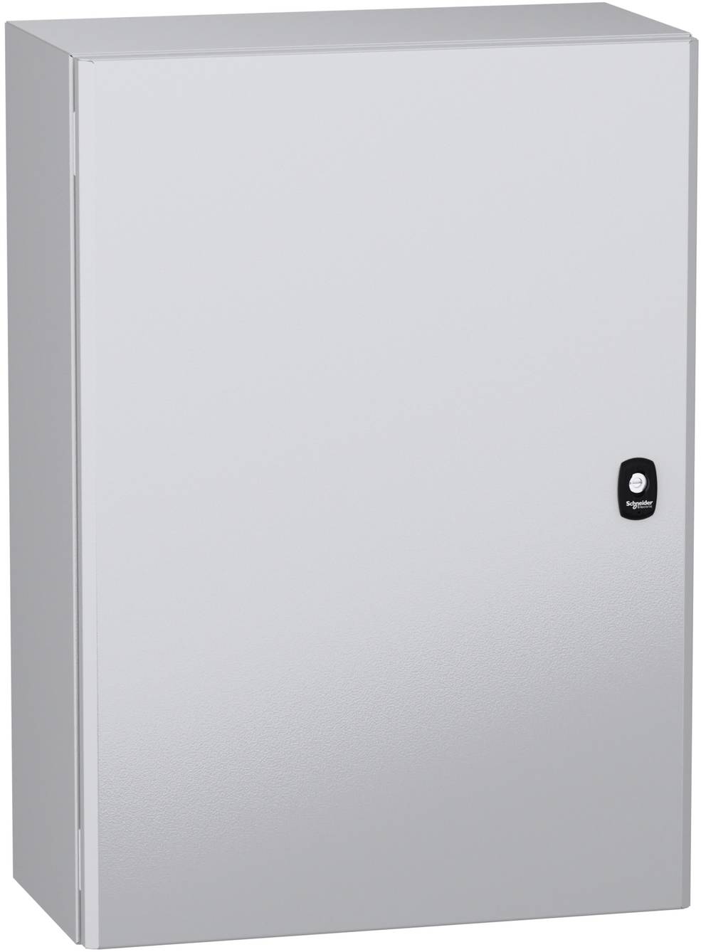 Silberfarbener, an der Wand montierter Elektroschrank mit ebener Frontplatte und kleinem Schloss auf der rechten Seite.