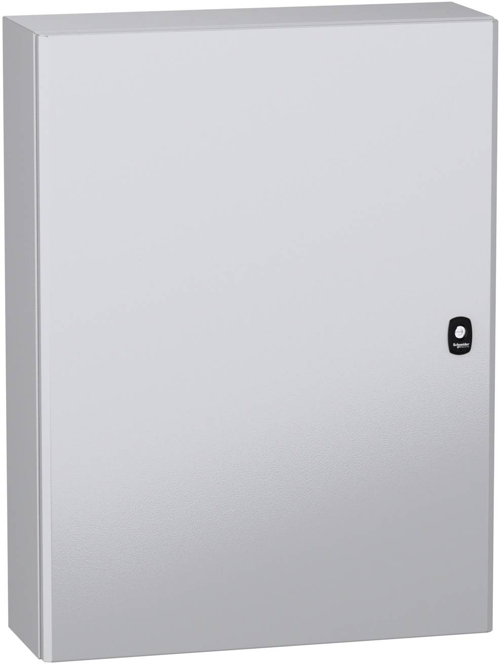 Silberner Metallschrank oder elektrisches Schaltgehäuse mit kleinem schwarzem Schloss auf der rechten Seite.