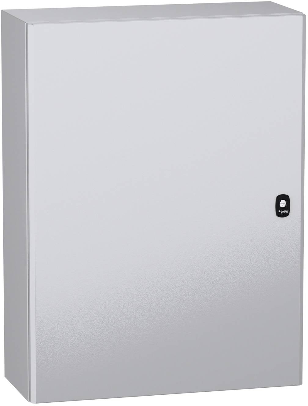 Silbernes an der Wand montiertes Elektroverteilerschrank mit einem kleinen schwarzen Schloss oder Griff auf der rechten Seite.