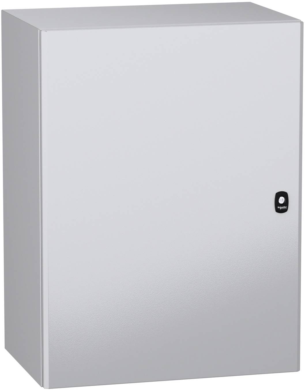 Silberner Metallwandschrank mit kleinem schwarzem Verschlusshebel auf der rechten Seite.