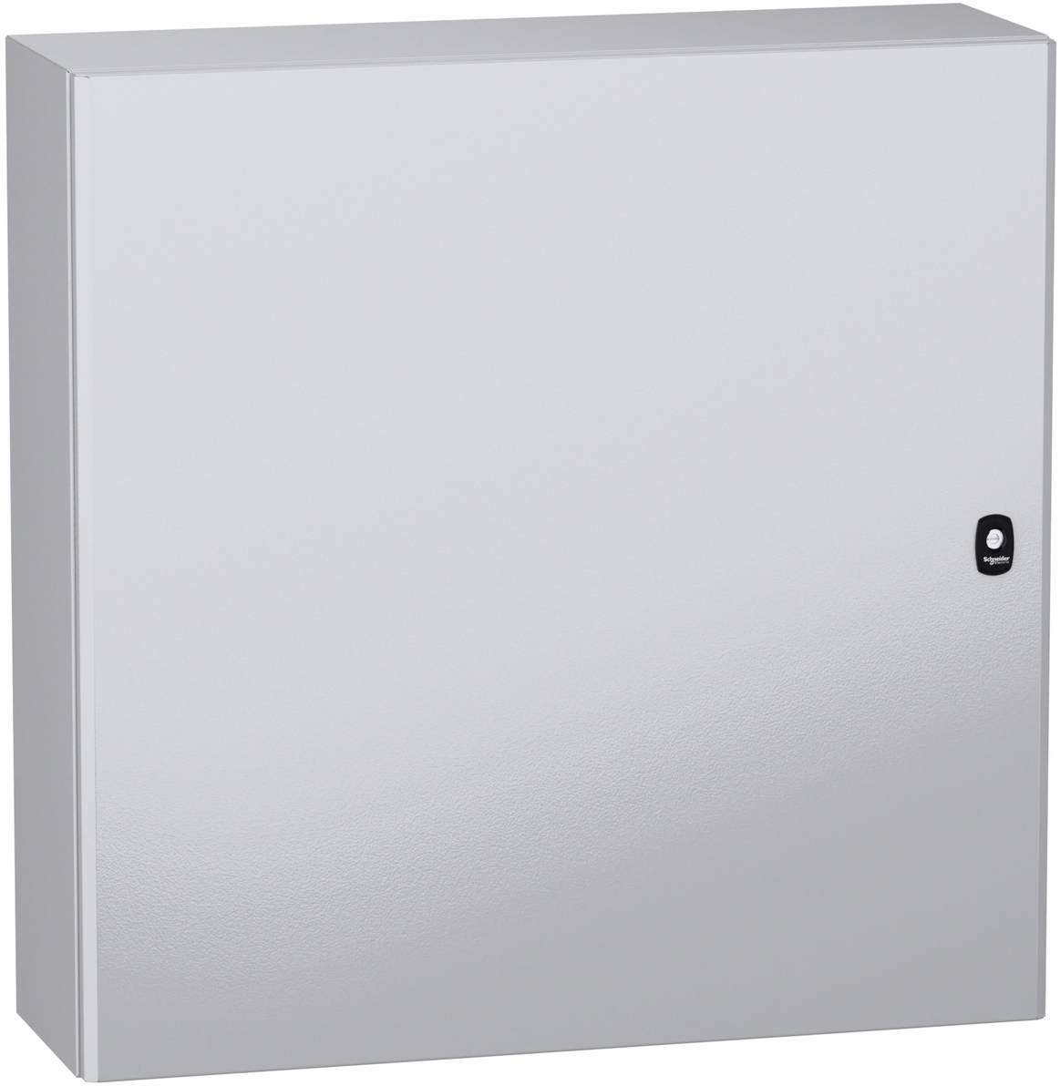 Silberner an der Wand montierter Metallschrank oder Elektroverteilung mit einem kleinen schwarzen Schloss auf der Vorderseite rechts.