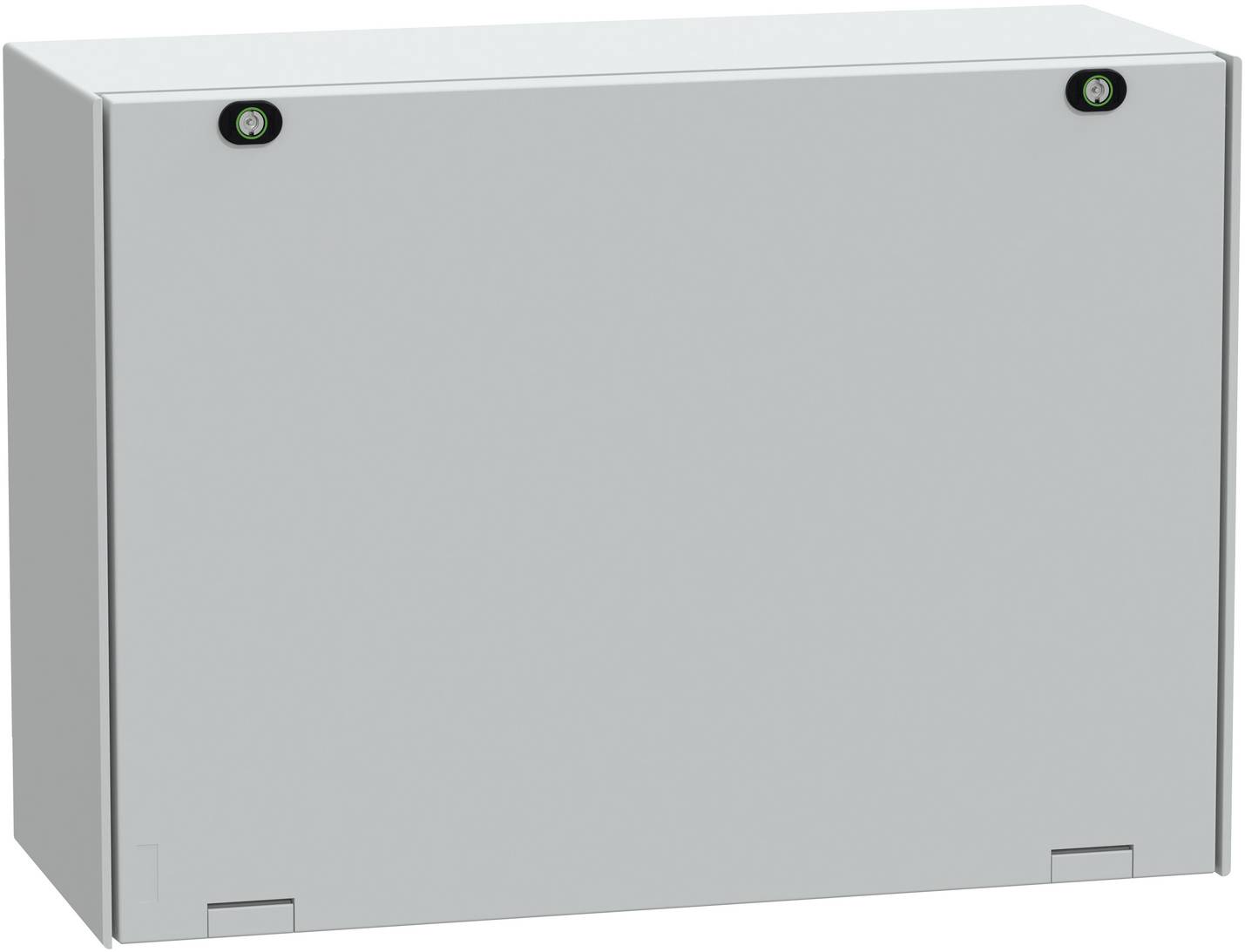 Graues Metall-Elektroverteilungsgehäuse mit ebener Frontabdeckung und kleinen Verschlüssen am unteren Bereich, vor weißem Hintergrund abgebildet.