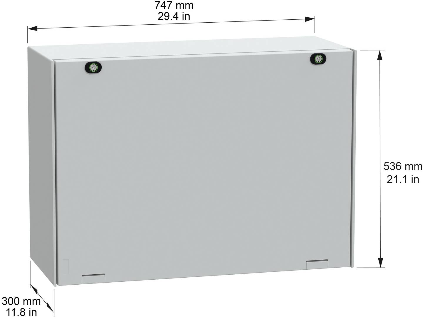 Grauer wandmontierter Metallschrank, dargestellt in Maßstabzeichnung: 747 mm breit, 536 mm hoch, 300 mm tief.