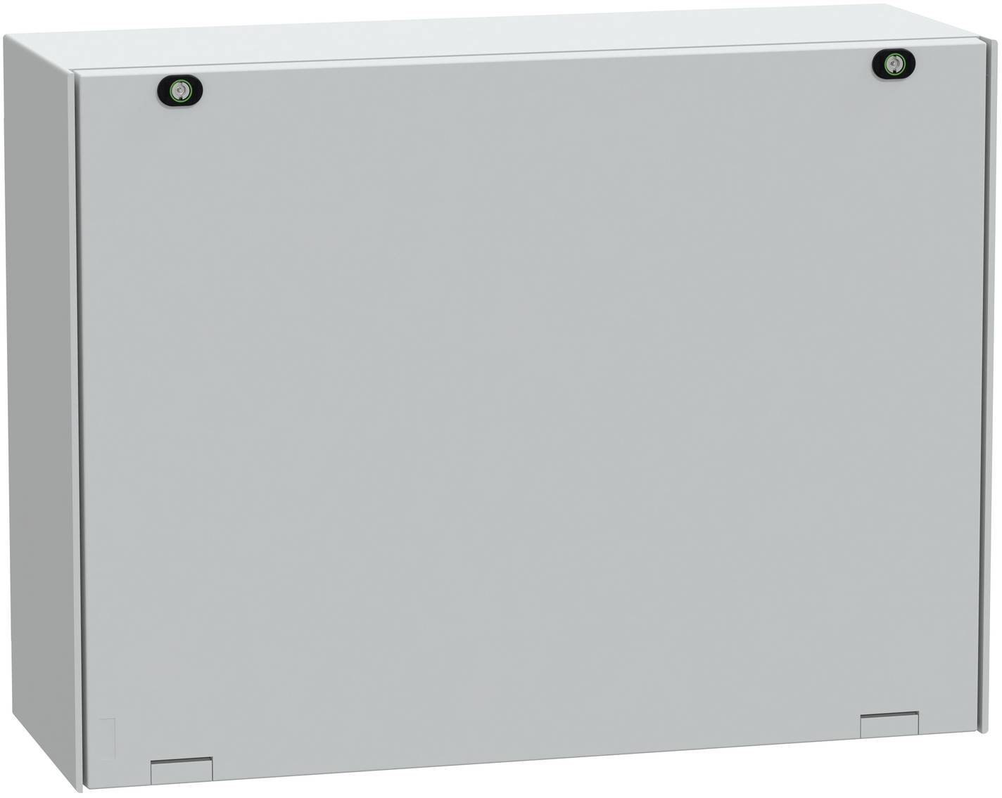 Graues Metall-Elektroverteilungsgehäuse mit zwei kleinen runden Anzeigelampen in der Nähe der oberen Ecken und einer aufklappbaren Frontplatte.