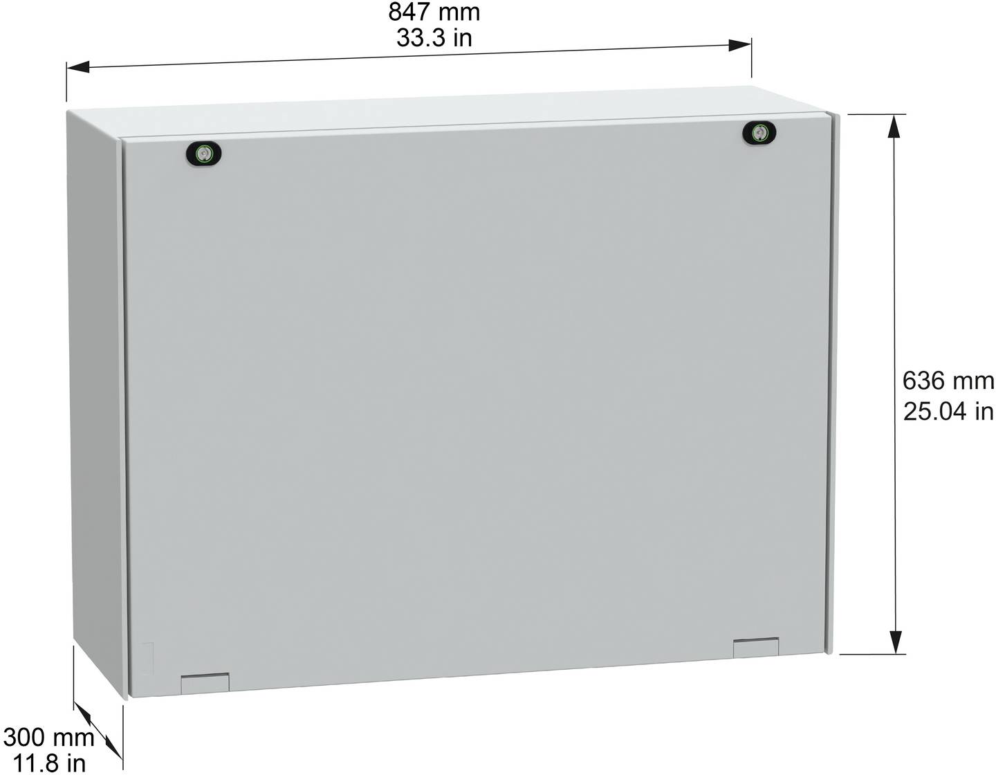 Grauer wandmontierter Schrank mit den Abmessungen 847 mm breit, 636 mm hoch und 300 mm tief