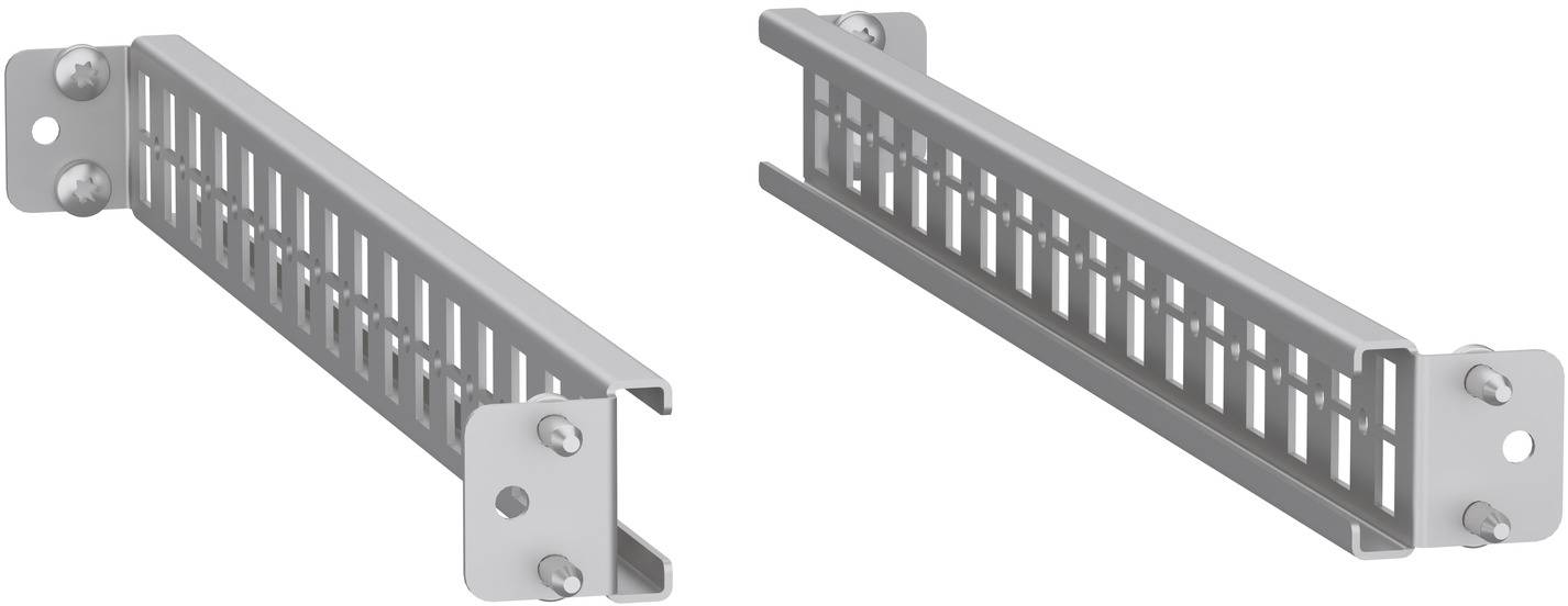 Zwei Ansichten einer Metall-Befestigungsklammer mit Schlitzen, Endplatten und Bohrungen für Bolzen, dargestellt vor weißem Hintergrund.