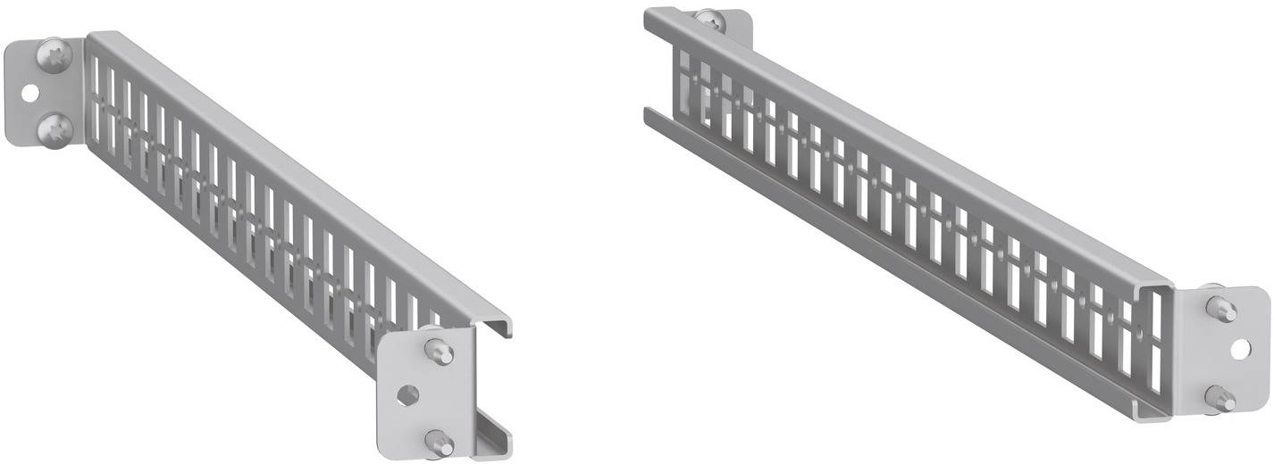 Zwei Metallkabelführungskanäle mit geschlitzten Abdeckungen, diagonal auf weißem Hintergrund dargestellt.