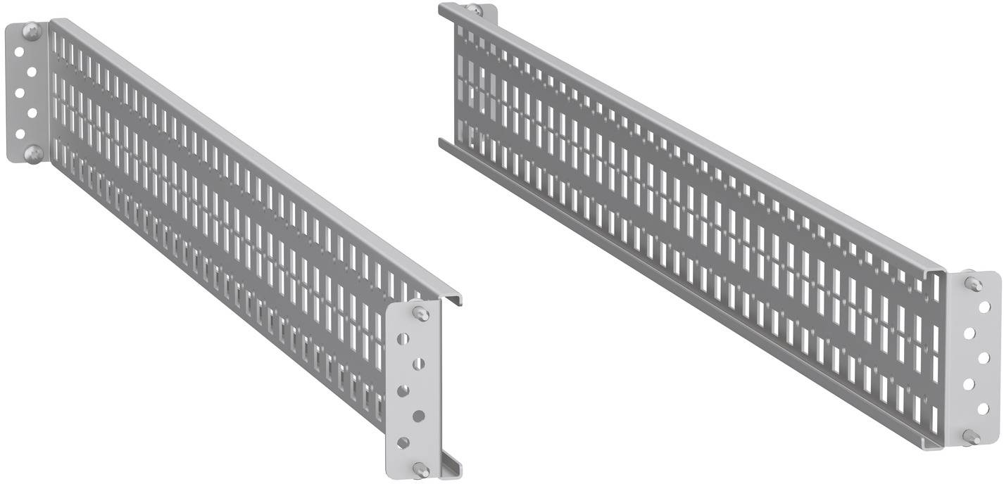 Zwei perforierte Metallgestänge für Rackinstallation, die in Winkeln dargestellt sind, mit Schraubenlöchern an den Endbefestigungen zur Installation von Geräten in einem Servergehäuse.