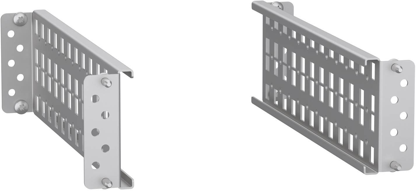 Zwei Ansichten einer perforierten Metallmontageklammer mit Schlitzseiten und Schraubenlöchern, in Grau auf weißem Hintergrund dargestellt.