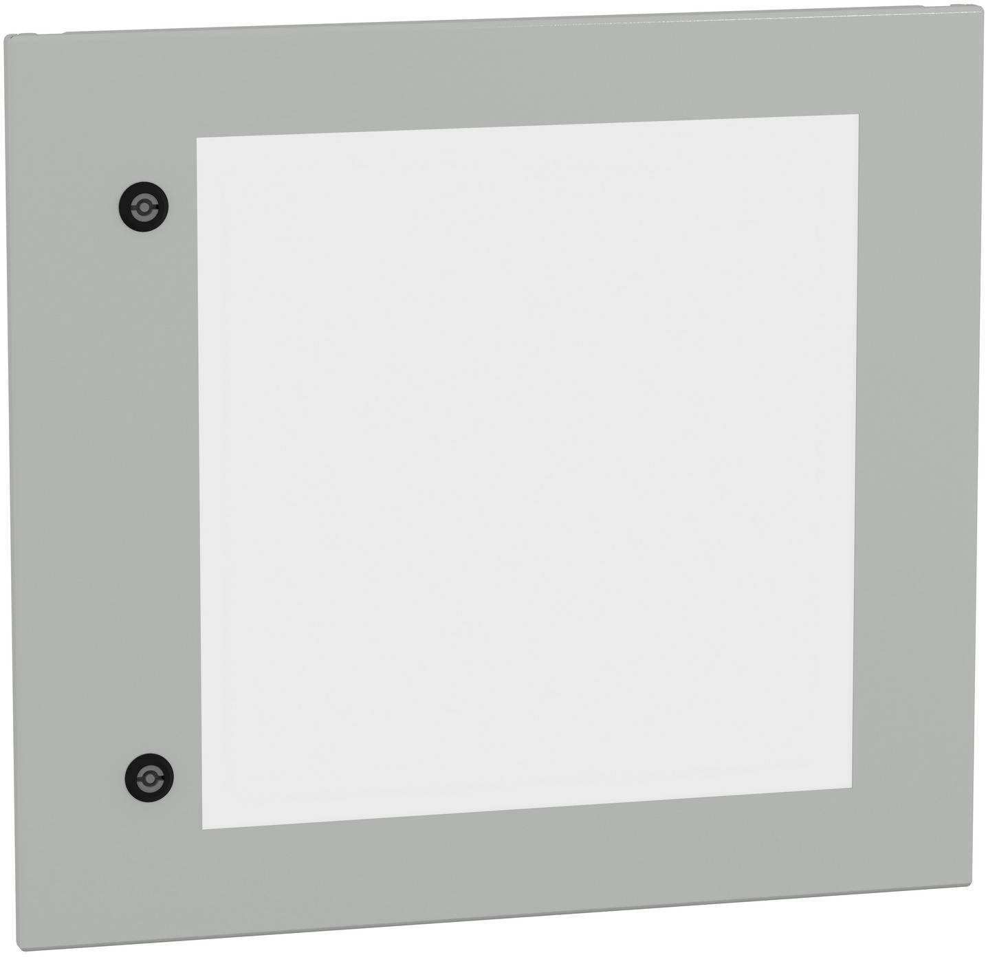 Quadratisches graues Wandpaneel mit einer vertieften weißen Mitte und zwei sichtbaren schwarzen Befestigungselementen auf der linken Seite