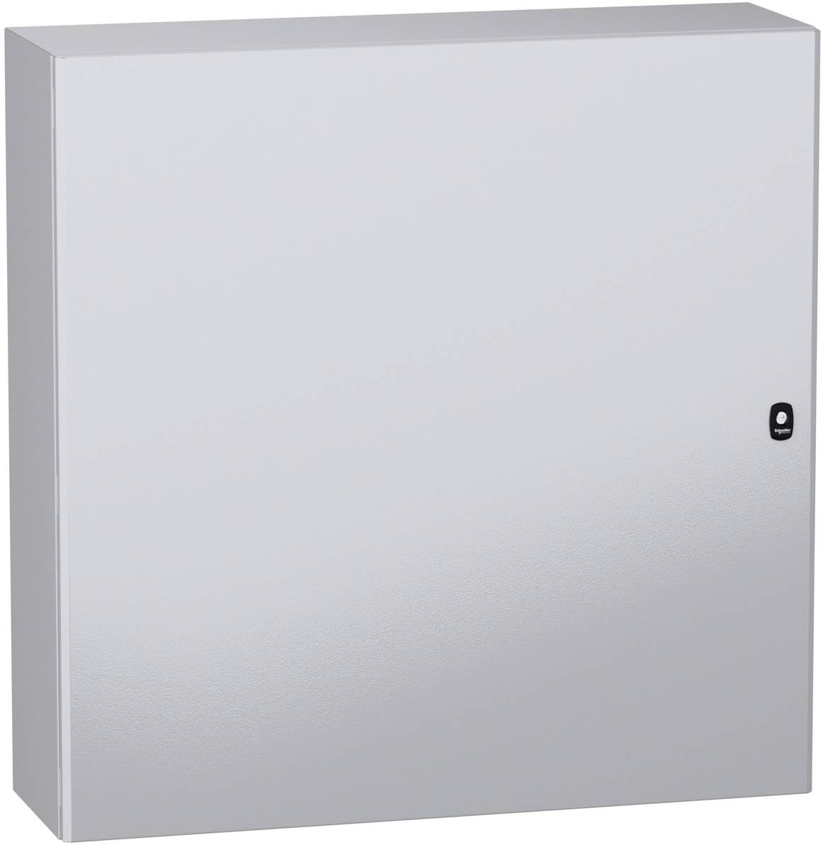 Silbernes Metall-Elektroschrankgehäuse mit einer kleinen schwarzen Verriegelung auf der rechten Seite, geschlossen vor weißem Hintergrund dargestellt.