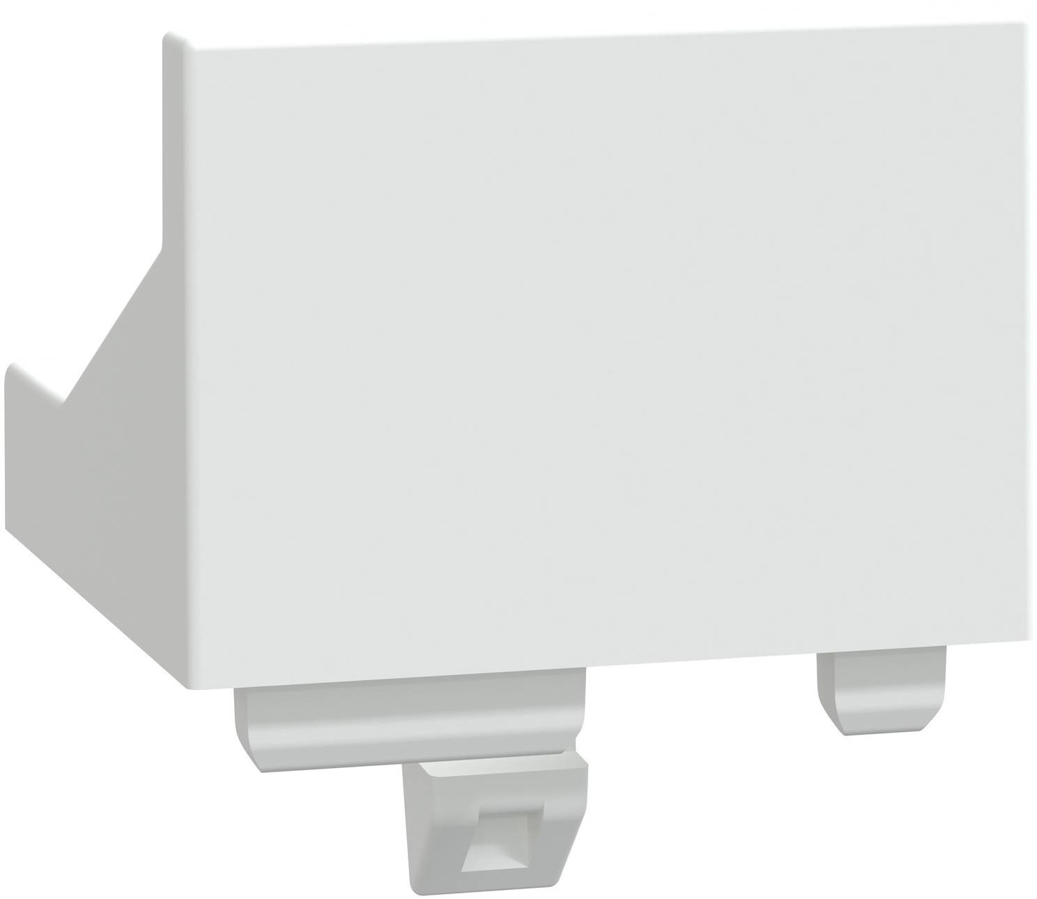 Weißes Elektroschalter- oder Relaismodul mit Befestigungsclips, isoliert auf einfachem Hintergrund dargestellt.