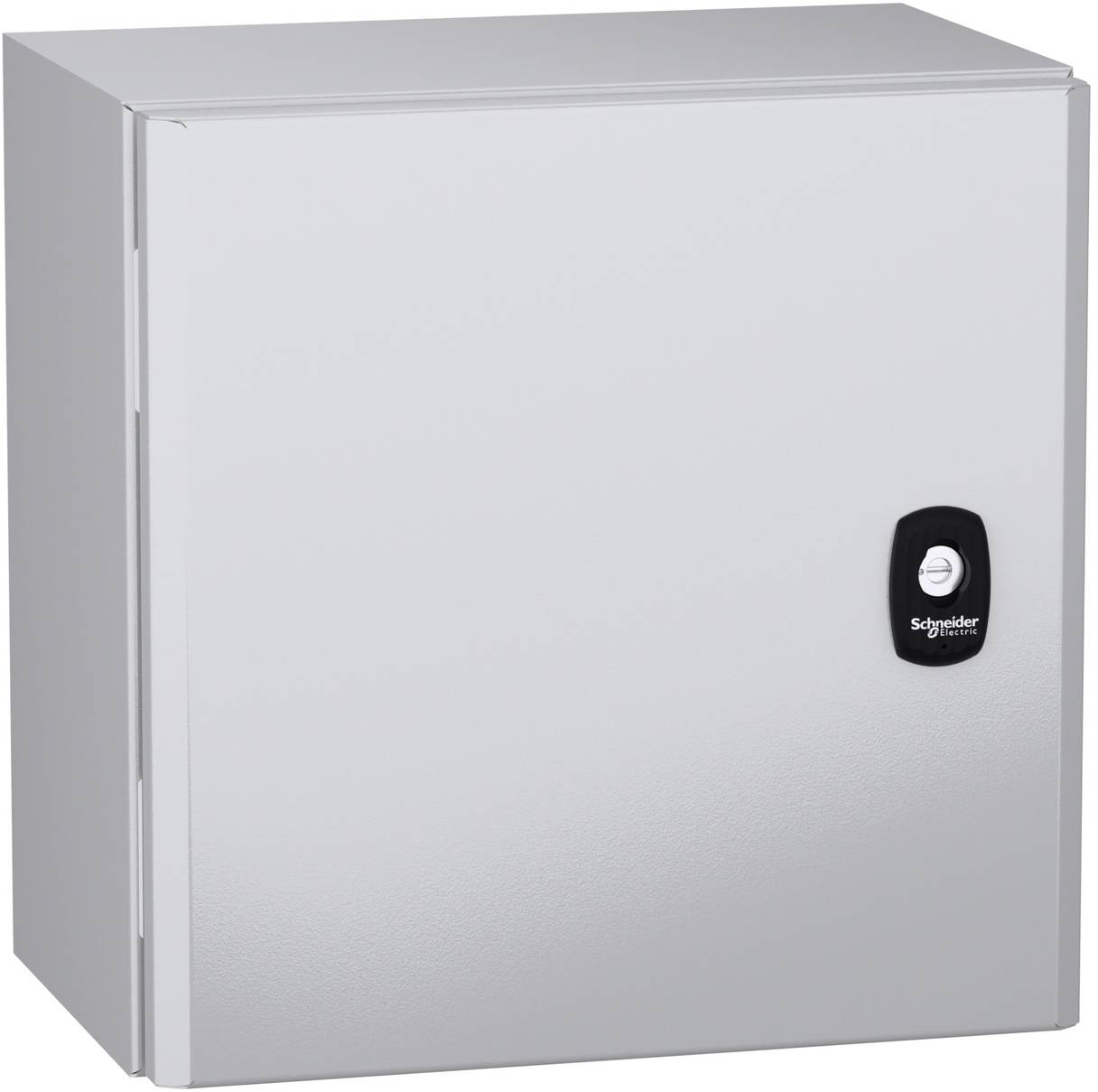 Grauer Metall-Elektroverteilerschrank mit einer schwarzen Schneider Electric-Verriegelung an der Vorderseite.